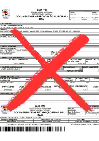 Uma guia de ITBI com um X vermelho
