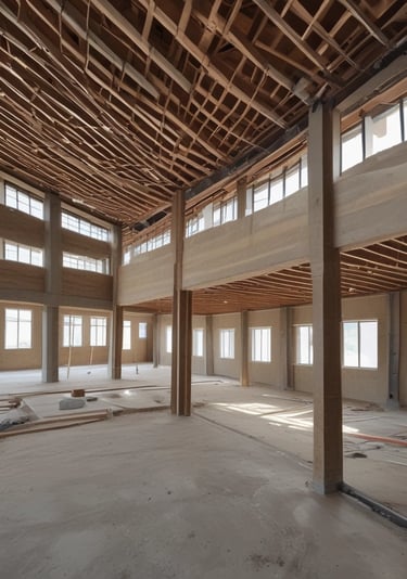 A large piece of heavy machinery is positioned in front of a partially demolished building. The building's exterior shows significant damage, with debris scattered and structural beams exposed. Nearby, a large metal container and a scoop from the machinery are visible.