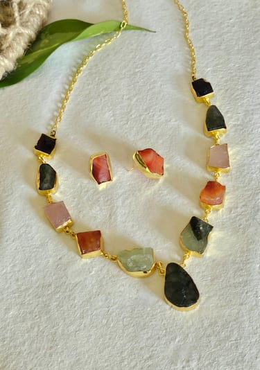 Multi-color gemstone necklace set from Iridezza Fusion Looks Jaipur Edit.