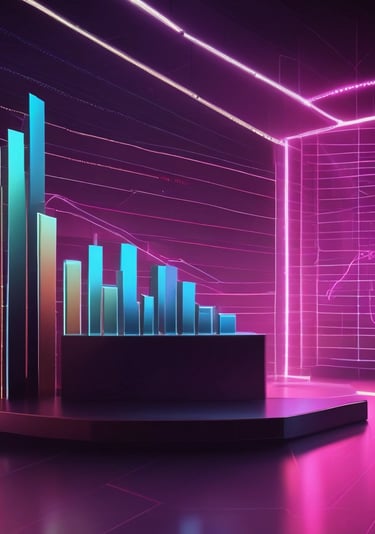 A laptop displaying a graphical design program with multiple small thumbnails on the screen, placed on a desk. Two camera lenses are positioned on either side of the laptop, and the background shows a softly lit room with a large window.