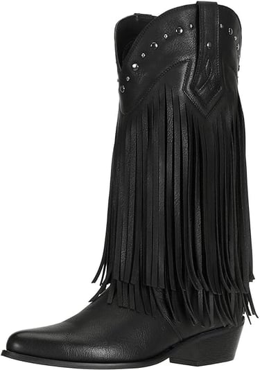 Goth Cowgirl Boots. Black Fringe Western Boots, Wide Calf Riding Cowgirl