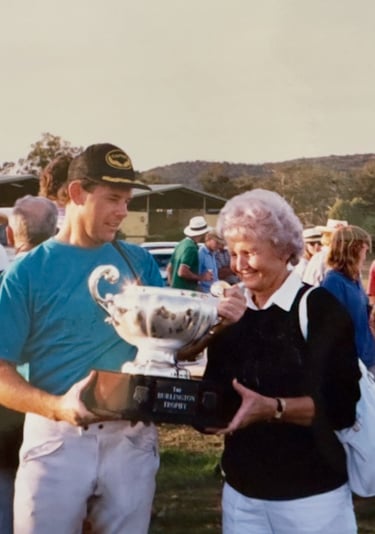 Peter Pickering and mother Joan with the Burlington Cup polo trophy