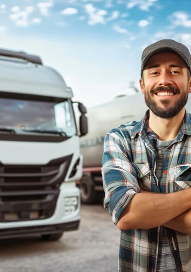 Hombre frente a un camión cruzado de brazos