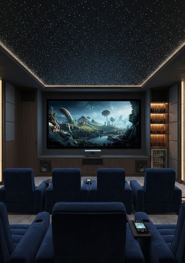 Bespoke home theater room in Manchester with architectural seating, immersive cinema sound, and cust