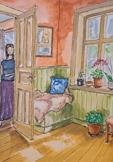 Painting, woman, sunny day, cosy painting