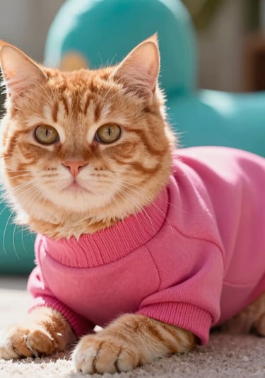 Un adorable gato atigrado naranja con un acogedor suéter rosa, tumbado sobre una suave alfombra.