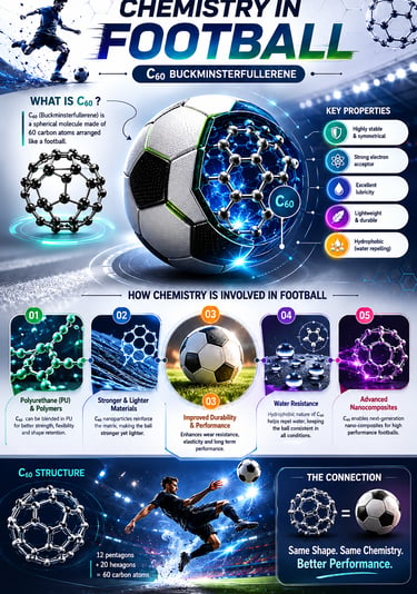 Infographic explaining C60 buckminsterfullerene chemistry in football construction for enhanced performance.