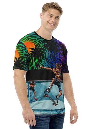 boy multi colored skateboard graphic front right view