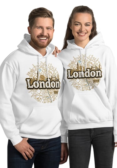 man and woman wearing white hoodie with city of London graphic