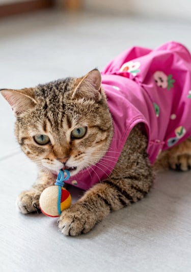 Un gato atigrado con un vestido rosa estampado de flores juega con una pequeña pelota de juguete 