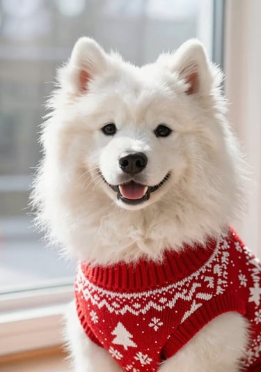 Un perro samoyedo blanco con un jersey navideño rojo festivo, sentado junto a una ventana