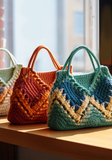 4 bolsos tejidos a crochet en solores vibrantes