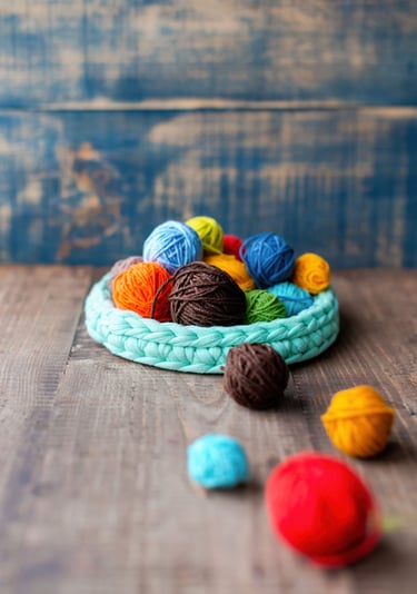 canasta con bolas de estambre de colores