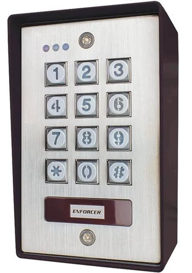 Enforcer outdoor digital access control keypad with backlit buttons and stainless steel faceplate.