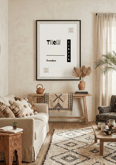 Amazigh proverb poster in bright neutral living room with textured rug and artisan décor