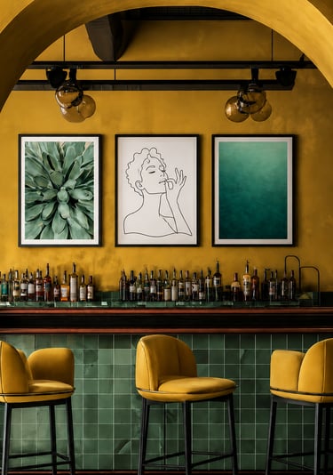 Minimalist wall art with chef’s kiss line art poster displayed in modern bar interior with yellow and green decor