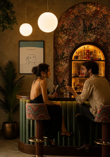 Minimalist wall art with “cool story bro” line art poster displayed in cozy bar interior with couple conversation scene
