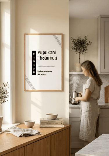Framed Hawaiian quote “Kulia i ka nuʻu” styled in a bright modern kitchen with warm wood tones.