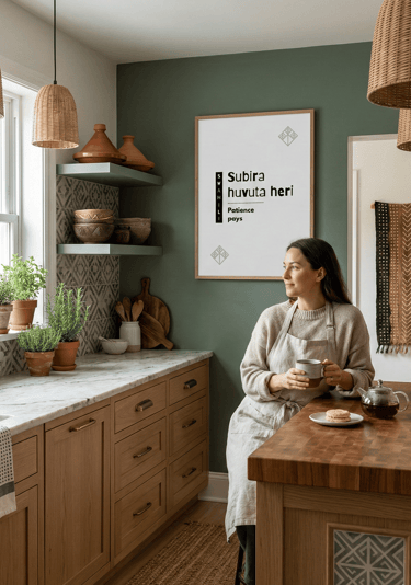 Swahili wall art in cozy kitchen with green walls and woman preparing coffee