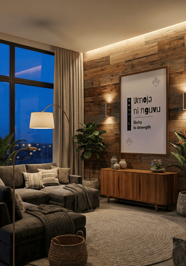 Swahili proverb poster in modern evening living room with warm lighting and wood accents