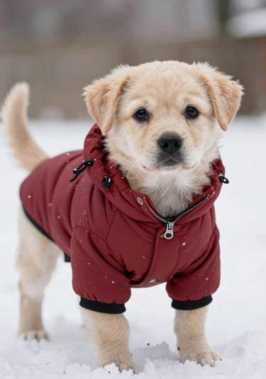 Cachorro blanco y marrón claro con una chaqueta azul de invierno para perros está de pie en la acera