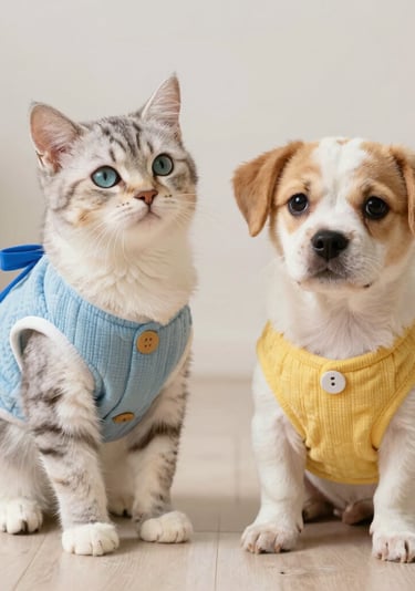 Gatito atigrado plateado y un cachorro con suéteres para mascotas azules y amarillos