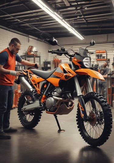 Motorcycle parts displayed neatly on a wooden table with a helmet nearby.