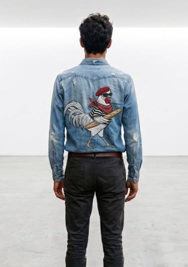 Camisa de mezclilla con gallo frances bordado a mano