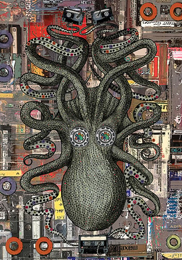 Surreal octopus collage art made from vintage cassette tapes and mixed media.