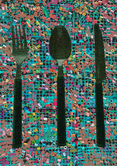 Digital art of a binary code pattern fork, spoon, and knife over colorful beads and lobtser cages