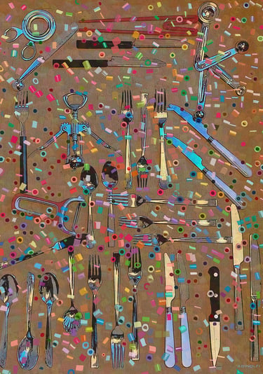 Digital pop art of kitchen utensils and silverware with colorful confetti patterns.