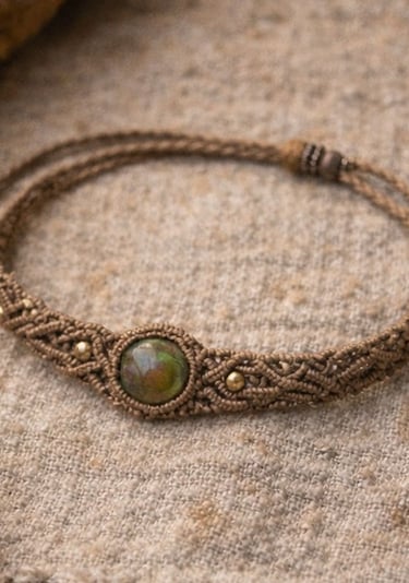Pulsera de macramé marrón hecha a mano con una piedra preciosa verde redonda y cuentas