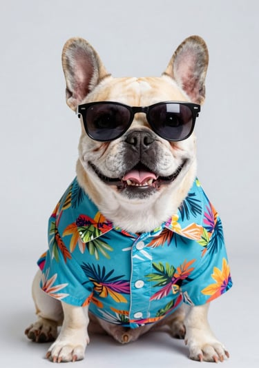 Bulldog francés con camisa hawaiana tropical colorida y lentes de sol oscuros