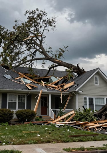 a house that has a tree fallen onto the roof after a storm