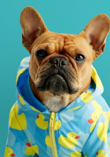 Bulldog Frances con impermeable de patitos