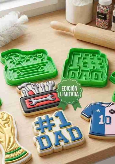 cortadores de galletas para el dia del padre sobre una mesa de madera con utensilios para hornear