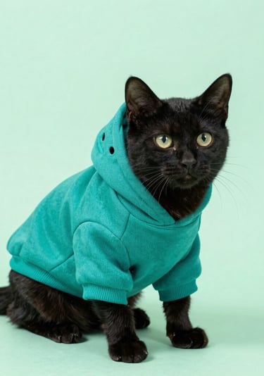 A black cat wearing a teal green pet hoodie sweater sitting against a matching light green background.