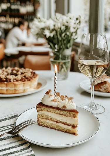 Slice of birthday cake with a lit candle on a café table, served with wine and desserts for a celebr