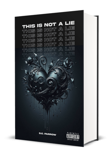 A black book cover featuring a black romantic heart entwined in roses and decorative flourishes