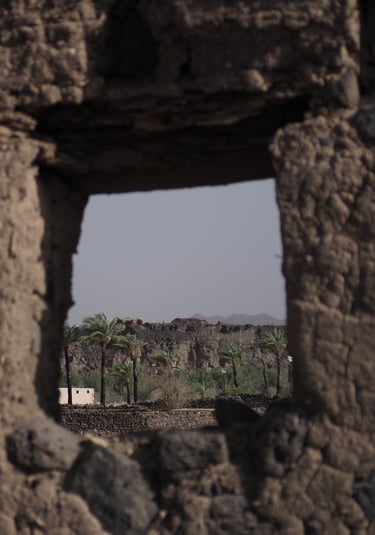 an old cracking stone wall with a small window overlooking a field of dying palm trees 