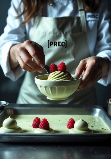 Una pasticcera con grembiule sta ultimando una tazza di gelato che tiene in mano sopra un bancone