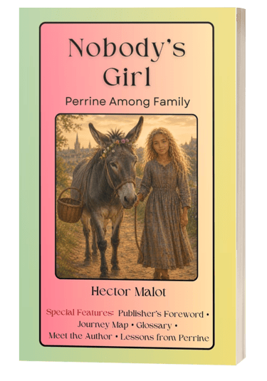 Book cover for Nobody's Girl by Hector Malot featuring a young girl walking with a donkey in a pastoral landscape.