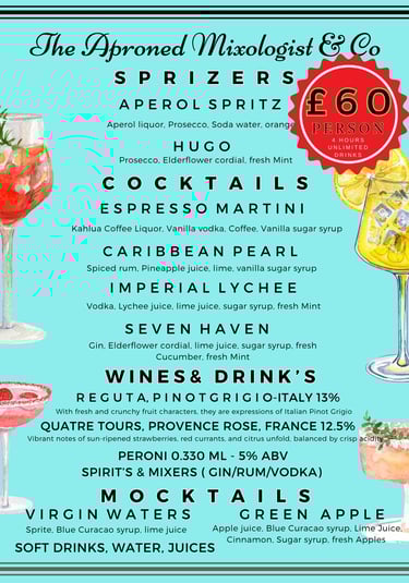 All inclusive drinks; unlimited bar; unlimited drinks; cocktail bar
