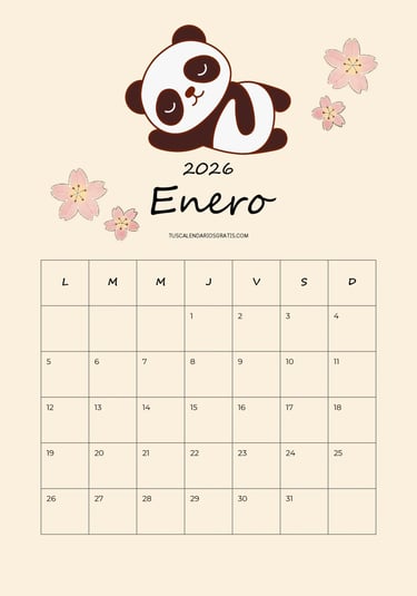 Calendario mensual enero 2026 con diseño kawaii