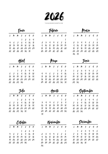 Calendario anual 2026 minimalista Avallon para imprimir en PDF