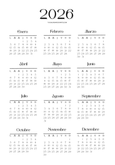 calendario minimalista anual año 2026 para imprimir 