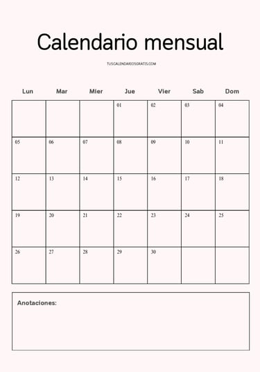 CAlendario mensual minimalista para imprimir