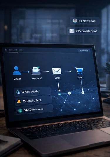Sales funnel process from visitor to lead, email, and final purchase on digital dashboard