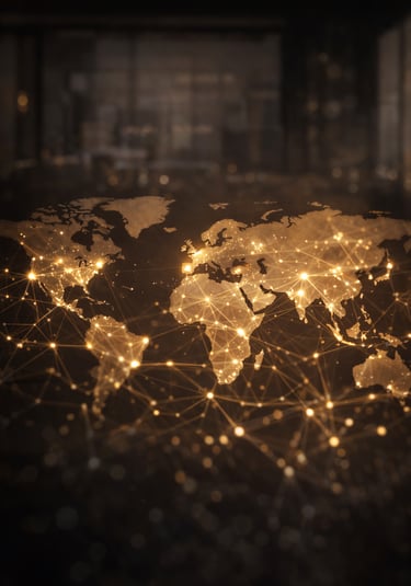 Global digital network map showing connected businesses and worldwide online growth