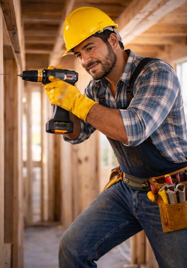 Construction worker using power tool representing building and contractor services